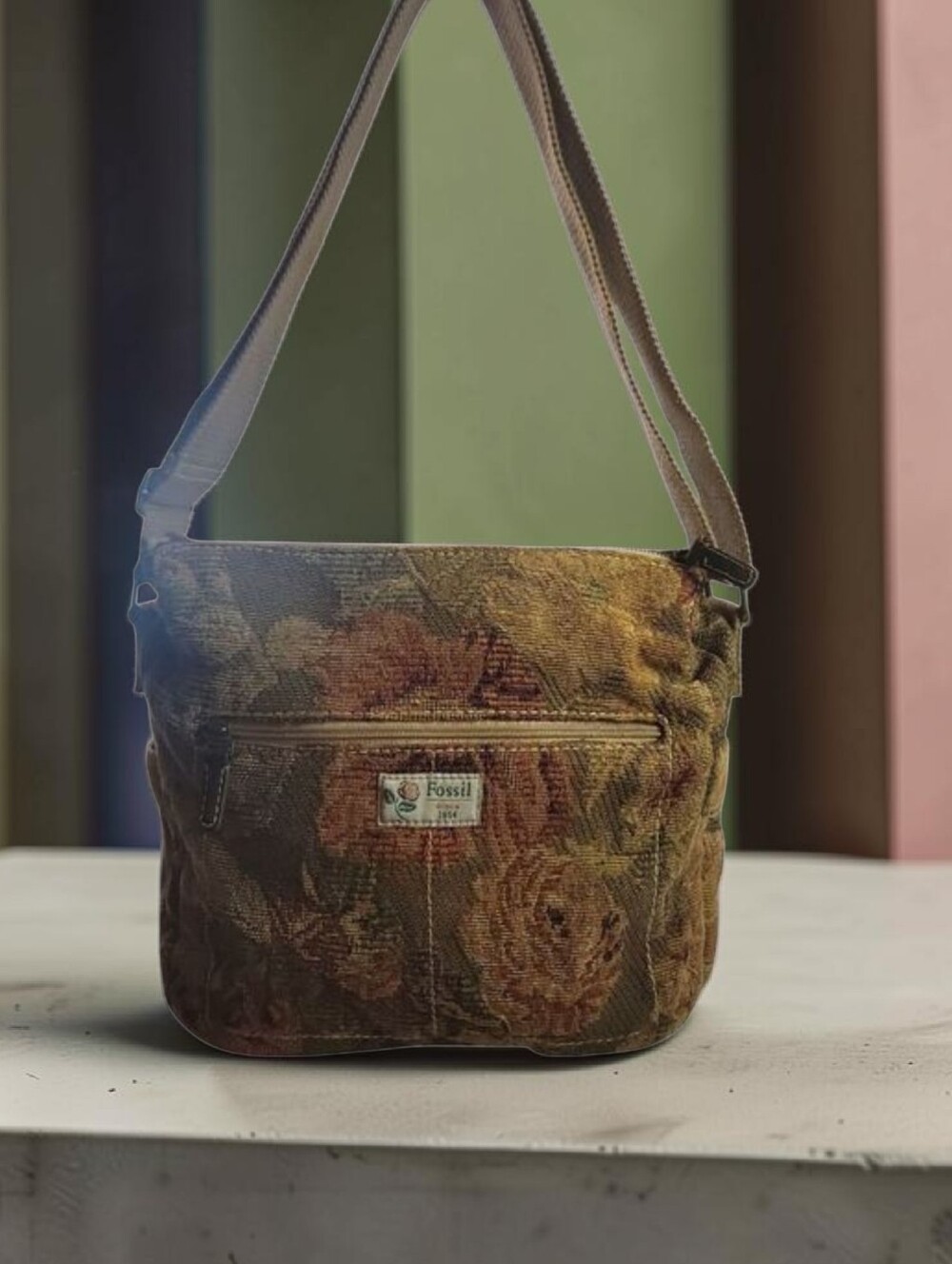 Fossil Brown and Tan Messenger Bag with Adjustable Strap